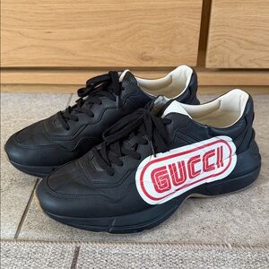 Gucci Black Leather Sneakers with White and Red Logo Patch